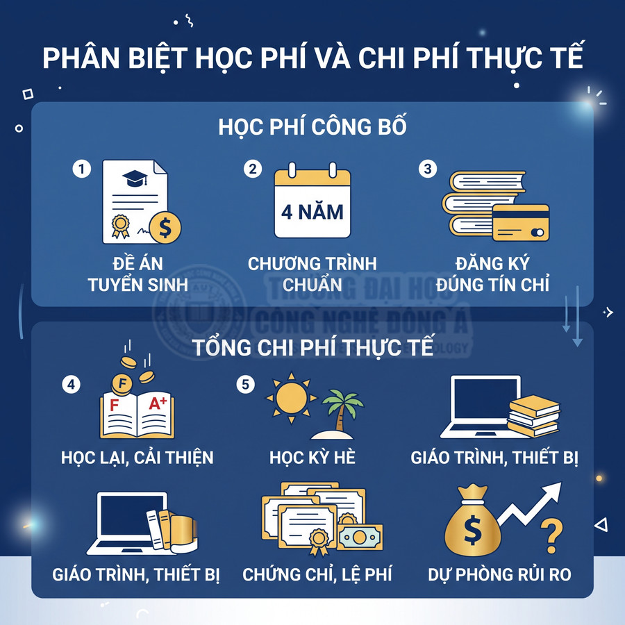 Infographic so sánh học phí công bố và tổng chi phí thực tế khi học đại học, gồm nhiều khoản phát sinh