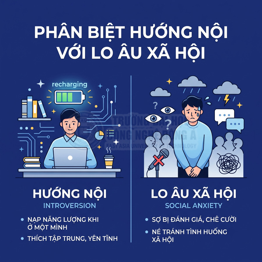 Minh họa so sánh người hướng nội làm việc một mình với người lo âu xã hội sợ giao tiếp và né tránh đám đông