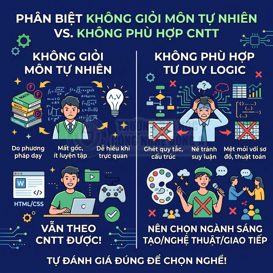 Infographic so sánh không giỏi môn tự nhiên và không phù hợp tư duy logic để chọn ngành CNTT hay ngành sáng tạo