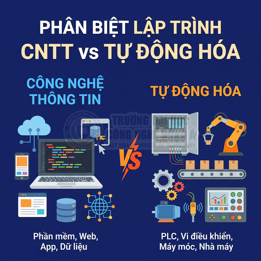 So sánh công nghệ thông tin với tự động hóa qua phần mềm, máy tính, PLC, robot và máy móc nhà máy