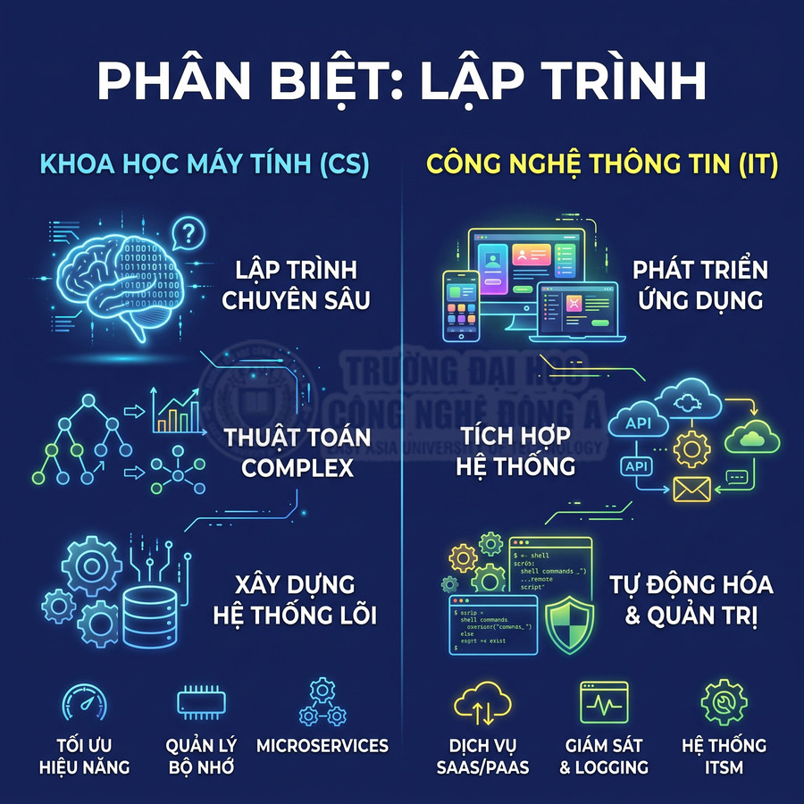 Infographic so sánh ngành Khoa học máy tính và Công nghệ thông tin với các mảng lập trình và quản trị hệ thống