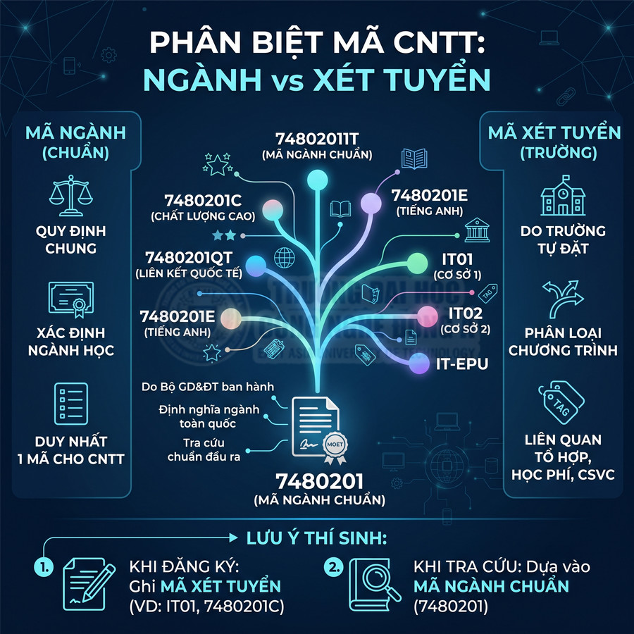 Infographic phân biệt mã ngành và mã xét tuyển CNTT, hướng dẫn thí sinh đăng ký và tra cứu ngành học