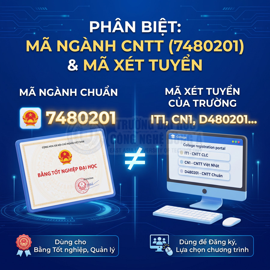 Phân biệt mã ngành CNTT 7480201 và mã xét tuyển của trường dùng cho đăng ký và bằng tốt nghiệp