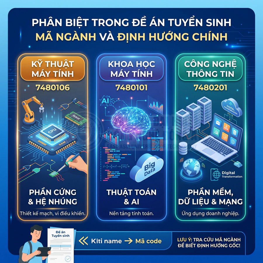 Infographic so sánh các ngành Kỹ thuật máy tính, Khoa học máy tính và Công nghệ thông tin cùng định hướng học tập