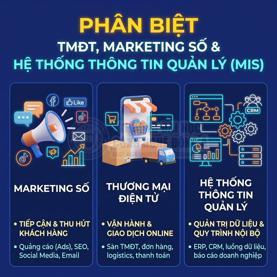 Hình minh họa phân biệt marketing số, thương mại điện tử và hệ thống thông tin quản lý MIS рахь