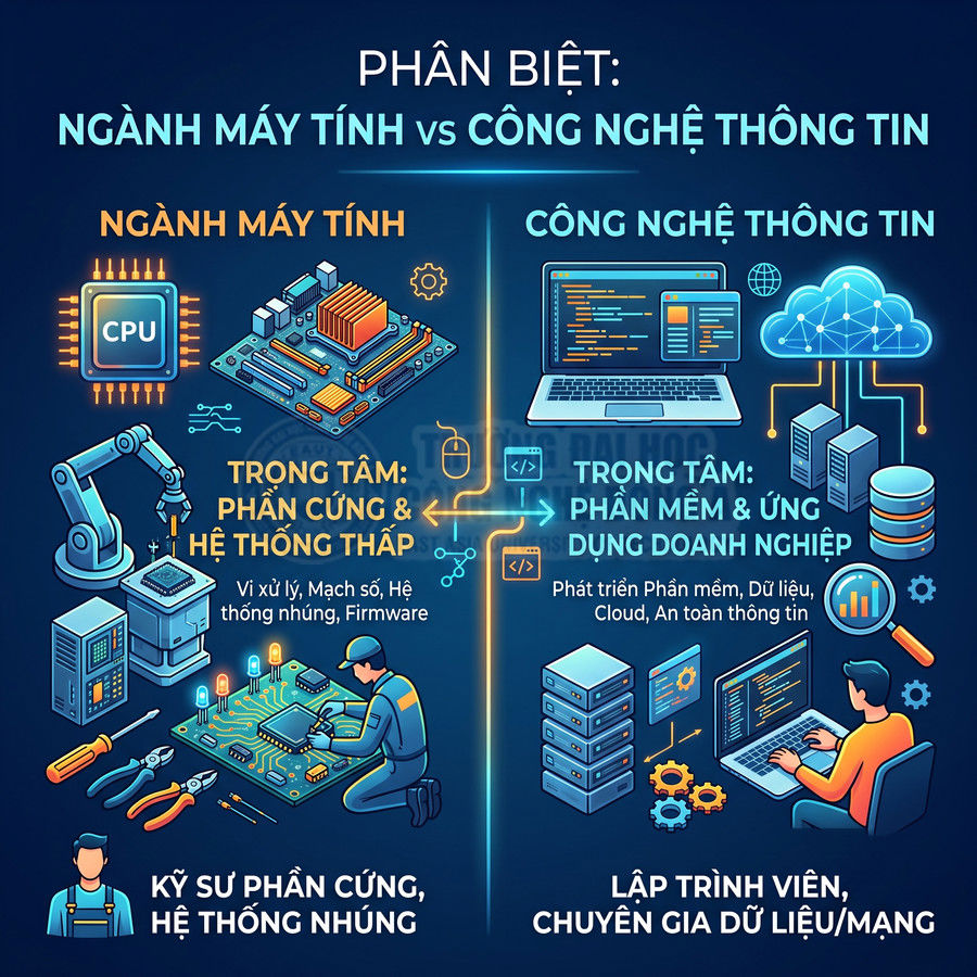 So sánh ngành máy tính và công nghệ thông tin, minh họa phần cứng, lập trình, dữ liệu và nghề nghiệp liên quan