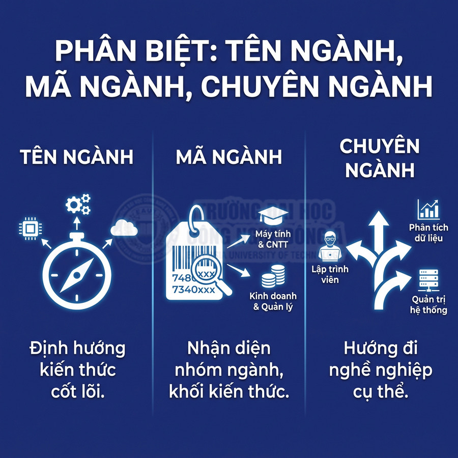 Infographic phân biệt tên ngành, mã ngành và chuyên ngành, giải thích định hướng kiến thức và hướng đi nghề nghiệp