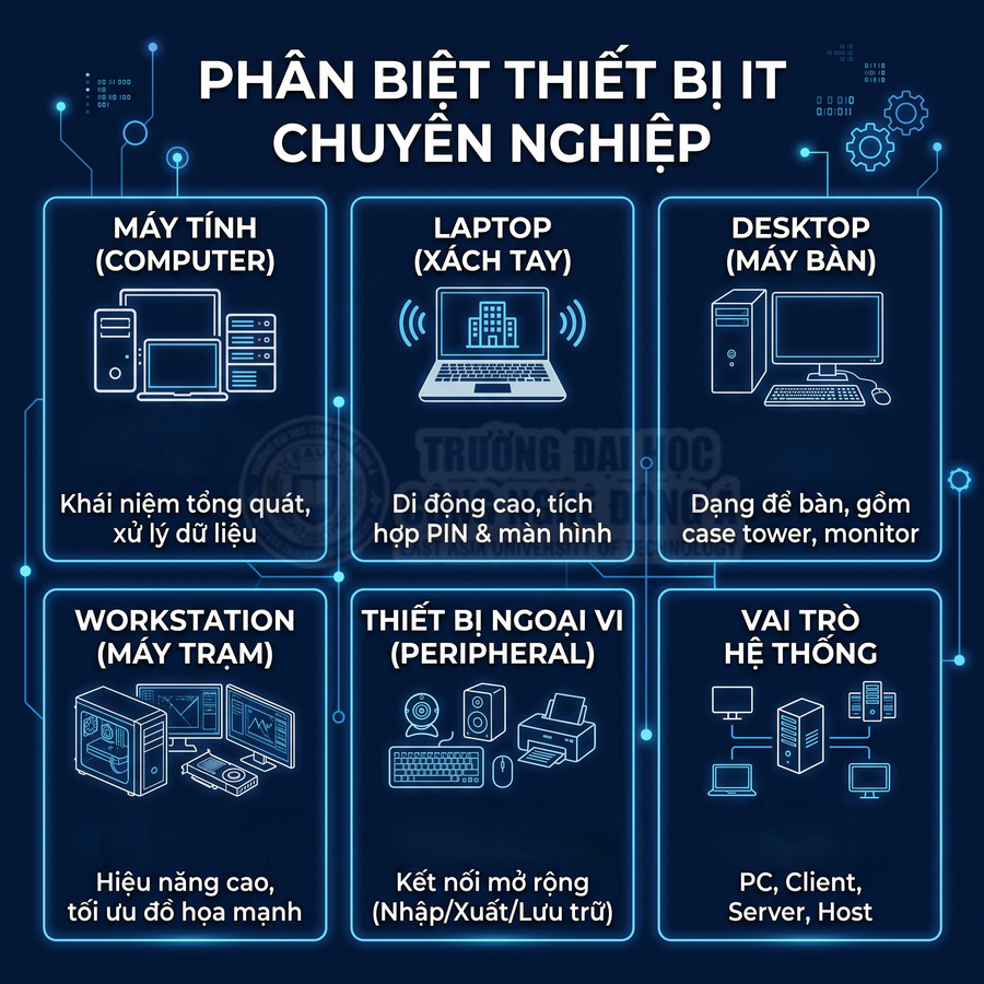 Phân biệt các loại thiết bị IT chuyên nghiệp: máy tính, laptop, desktop, workstation, thiết bị ngoại vi và vai trò hệ thống
