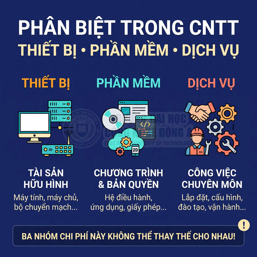 Phân biệt thiết bị CNTT, phần mềm và dịch vụ chuyên môn như lắp đặt, cấu hình, đào tạo, vận hành