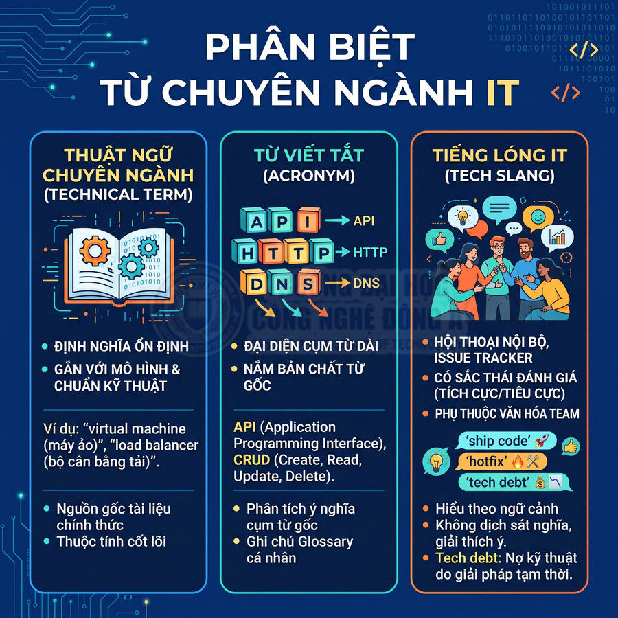 Phân biệt thuật ngữ chuyên ngành IT, từ viết tắt và tiếng lóng IT bằng ví dụ minh họa trực quan