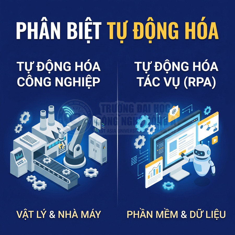 So sánh tự động hóa công nghiệp với robot và máy móc nhà máy cùng tự động hóa tác vụ RPA bằng phần mềm và dữ liệu