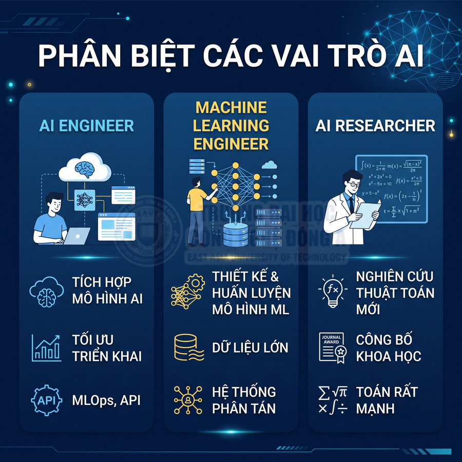 So sánh vai trò AI Engineer, Machine Learning Engineer và AI Researcher cùng các nhiệm vụ chính trong lĩnh vực trí tuệ nhân tạo