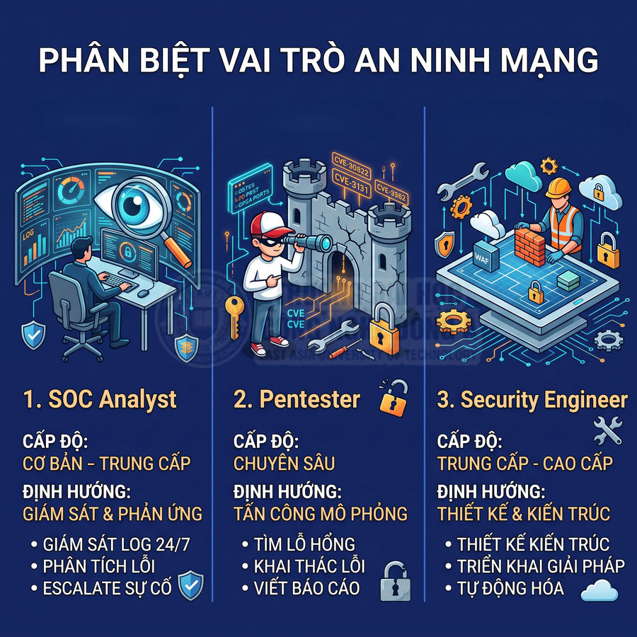 Minh họa so sánh vai trò SOC Analyst, Pentester và Security Engineer trong lĩnh vực an ninh mạng