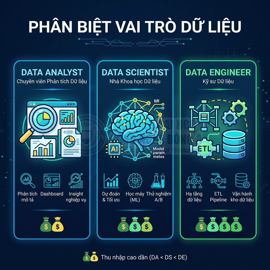 So sánh vai trò Data Analyst Data Scientist và Data Engineer với nhiệm vụ và mức thu nhập minh họa