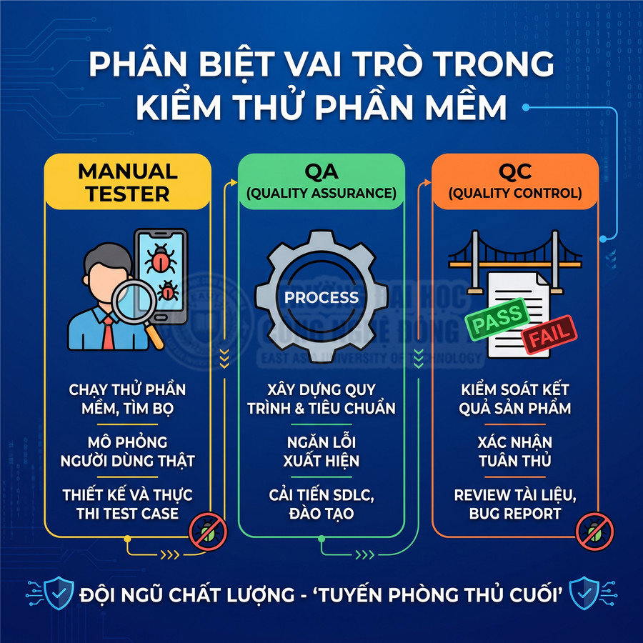 So sánh vai trò manual tester QA và QC trong quy trình kiểm thử phần mềm bằng sơ đồ minh họa