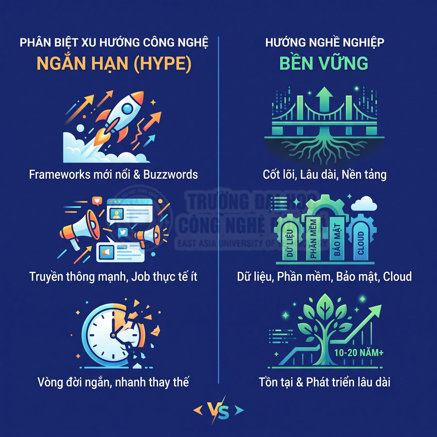 So sánh xu hướng công nghệ ngắn hạn và hướng nghề nghiệp bền vững trong ngành CNTT