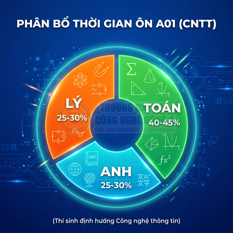Biểu đồ phân bổ thời gian ôn thi khối A01 với Toán 40-45 phần trăm, Lý và Anh mỗi môn 25-30 phần trăm