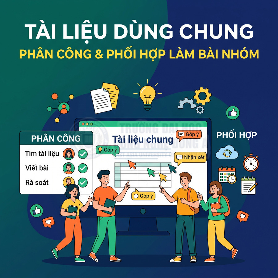 Minh họa nhóm sinh viên phân công và phối hợp làm bài nhóm trên tài liệu chung trực tuyến, cùng góp ý và rà soát nội dung