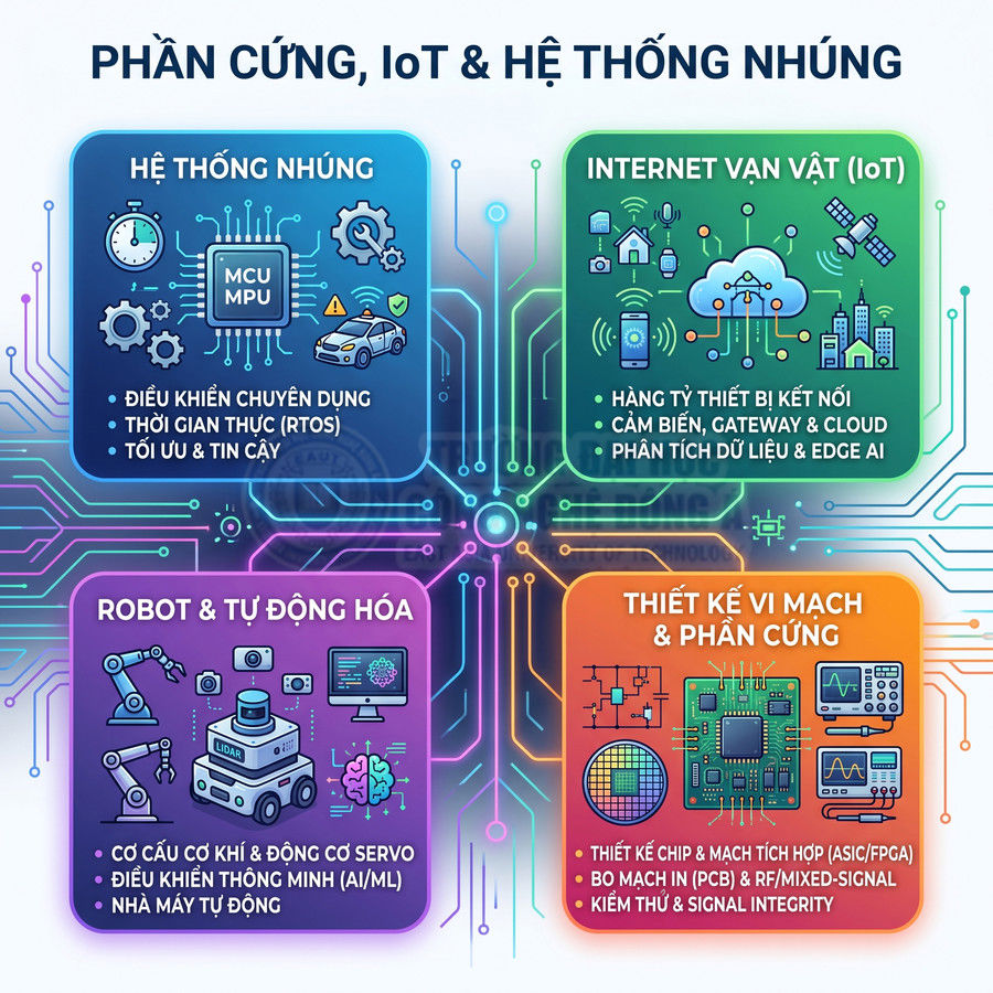 Minh họa các lĩnh vực phần cứng, IoT, hệ thống nhúng, robot tự động hóa và thiết kế vi mạch