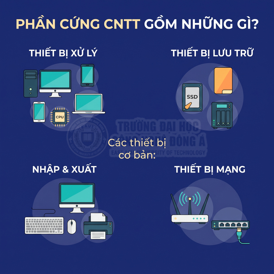 Các thiết bị phần cứng CNTT cơ bản gồm thiết bị xử lý, lưu trữ, nhập xuất và thiết bị mạng