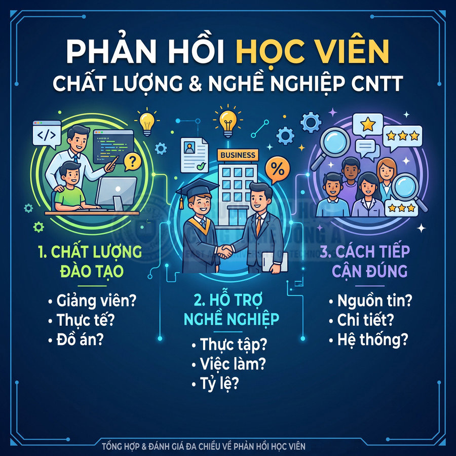 Poster phản hồi học viên về chất lượng đào tạo, hỗ trợ nghề nghiệp và cách tiếp cận đúng trong ngành CNTT