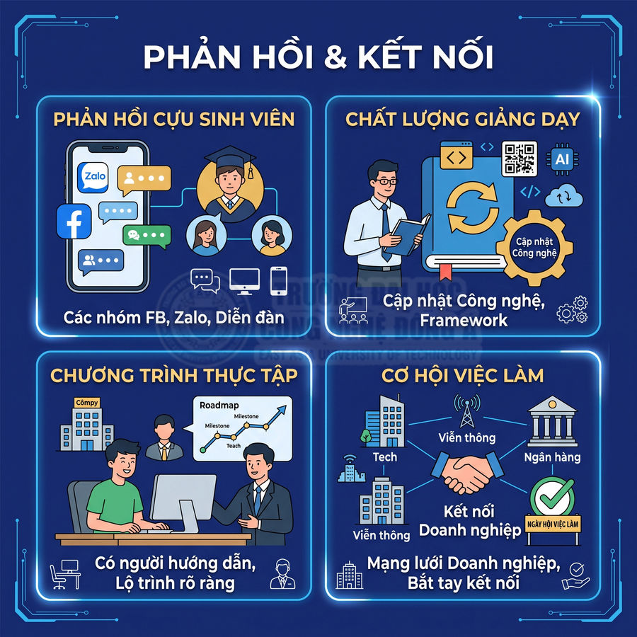 Infographic phản hồi và kết nối sinh viên với giảng viên, chương trình thực tập và cơ hội việc làm trong lĩnh vực công nghệ