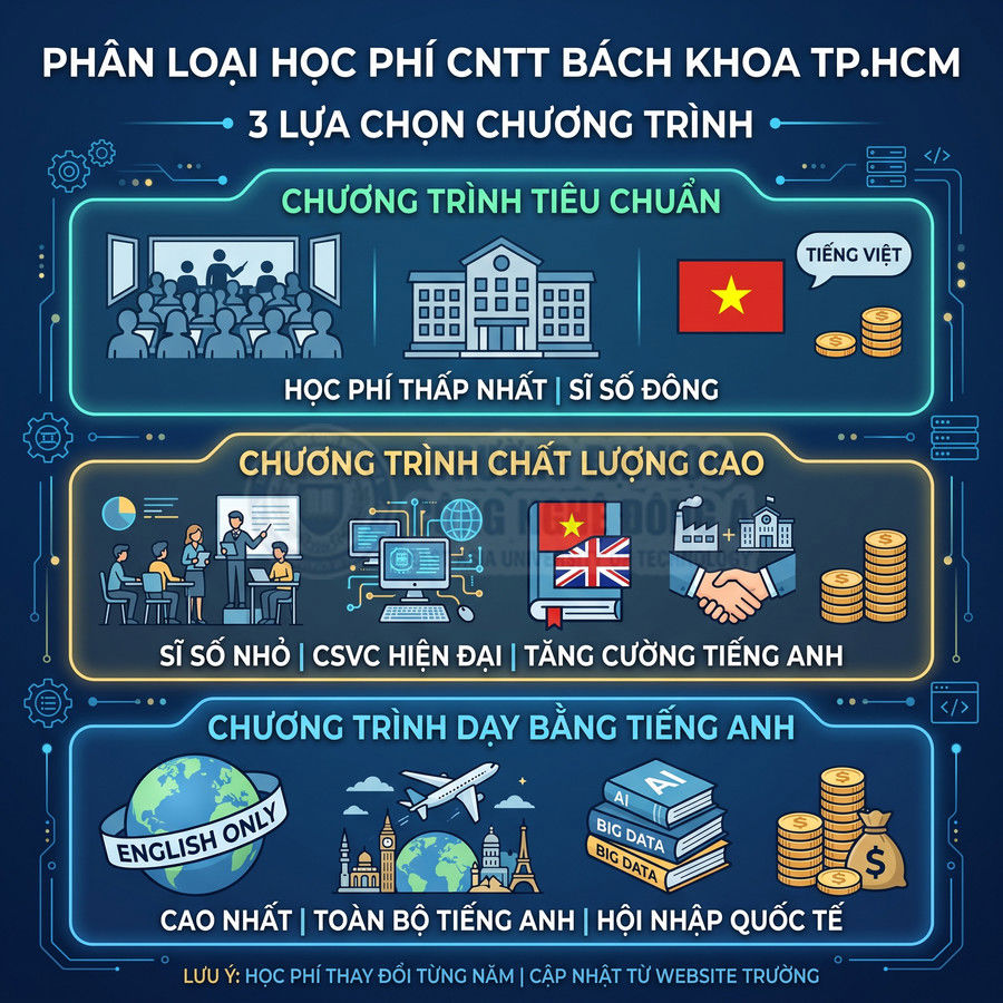 Infographic phân loại học phí ngành CNTT Bách Khoa TP.HCM với 3 lựa chọn chương trình đào tạo