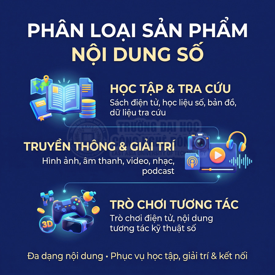 Các loại sản phẩm nội dung số gồm sách điện tử, học liệu, bản đồ, dữ liệu tra cứu, media và trò chơi tương tác.