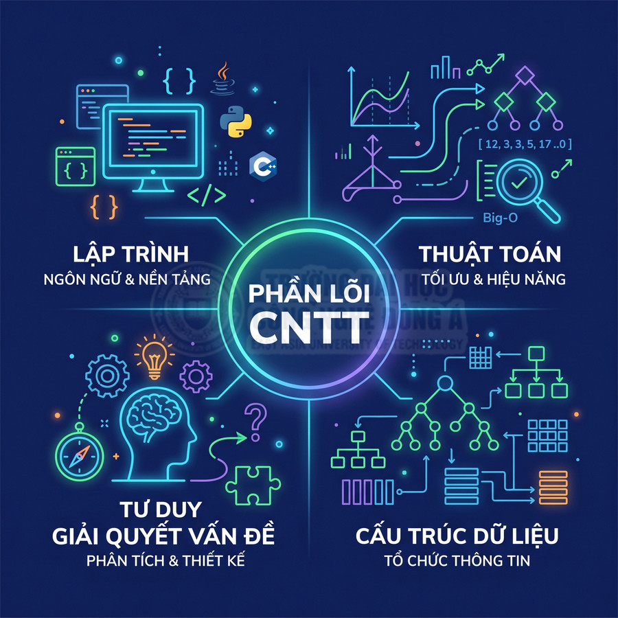 Sơ đồ các phần lõi CNTT gồm lập trình, thuật toán, tư duy giải quyết vấn đề và cấu trúc dữ liệu