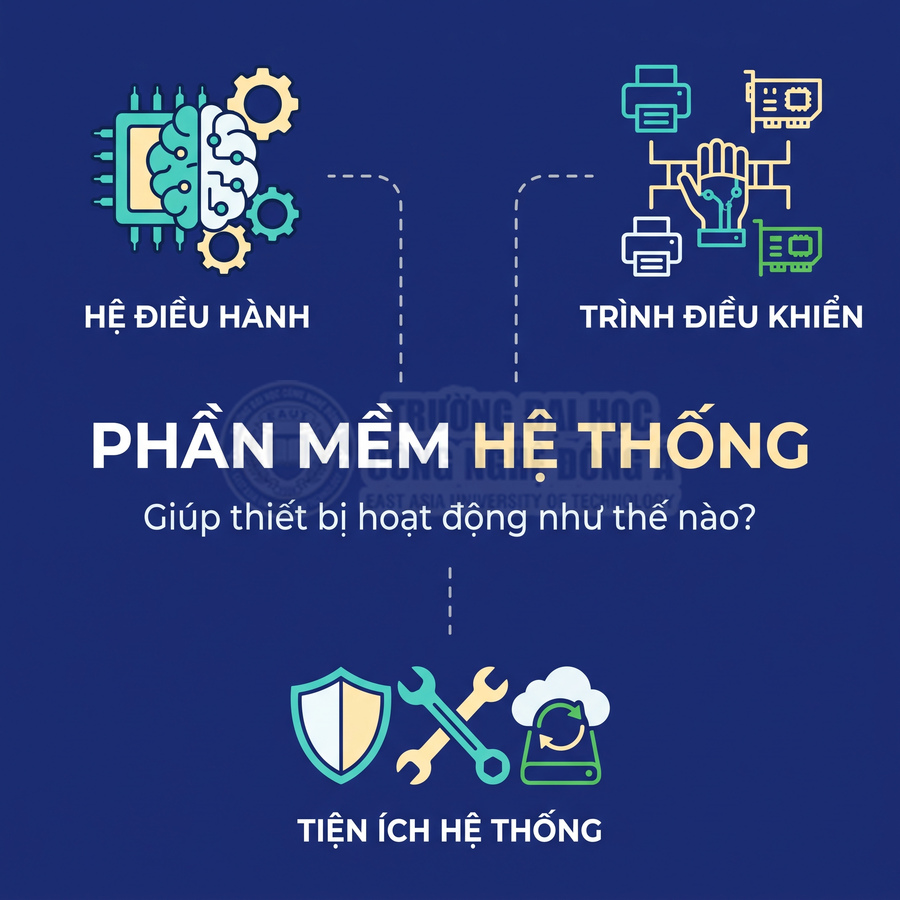 Minh họa phần mềm hệ thống với hệ điều hành, trình điều khiển và tiện ích hệ thống giúp thiết bị hoạt động