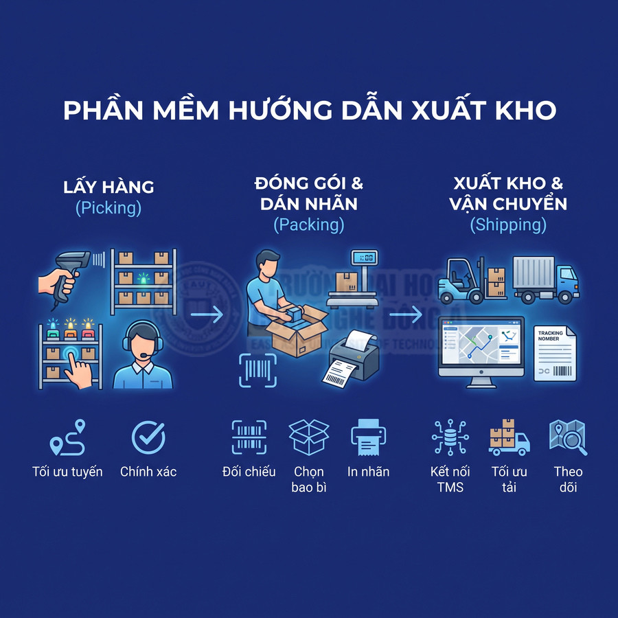 Phần mềm hướng dẫn xuất kho với quy trình lấy hàng, đóng gói, dán nhãn, vận chuyển và theo dõi đơn hàng