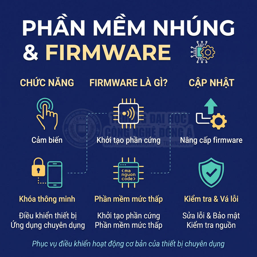 Nội dung về phần mềm nhúng và firmware, gồm chức năng cảm biến, khóa thông minh, khởi tạo phần cứng, cập nhật và vá lỗi bảo mật
