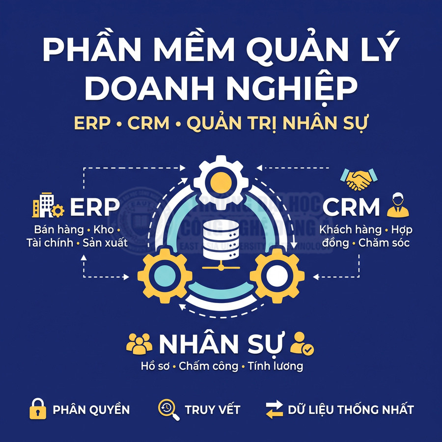Phần mềm quản lý doanh nghiệp tích hợp ERP, CRM và quản trị nhân sự, đồng bộ dữ liệu và phân quyền người dùng