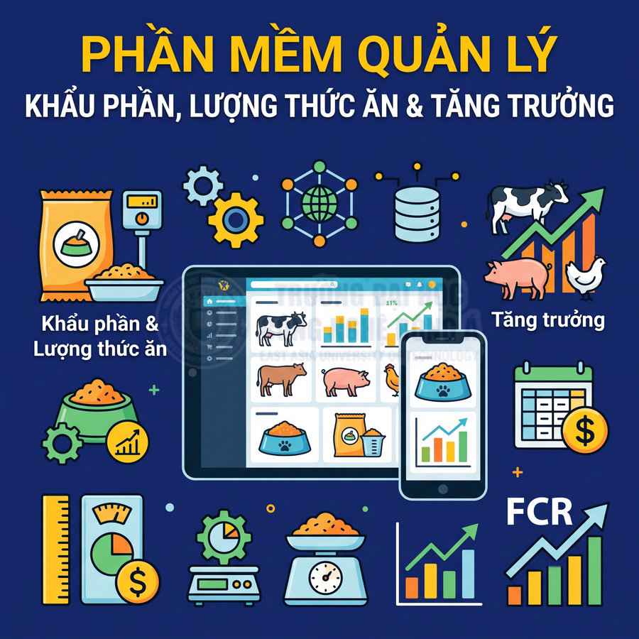 Phần mềm quản lý khẩu phần, lượng thức ăn và tăng trưởng vật nuôi trên máy tính bảng và điện thoại.