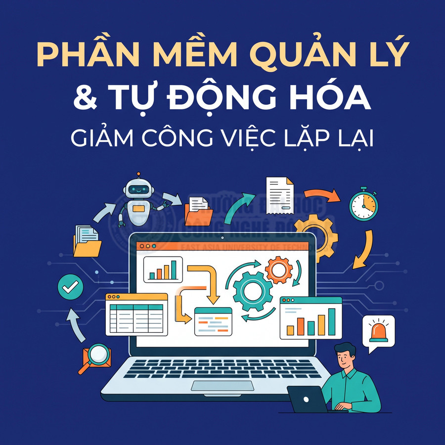 Phần mềm quản lý và tự động hóa công việc trên laptop, giúp giảm các thao tác lặp lại, minh họa bằng robot và biểu đồ dữ liệu