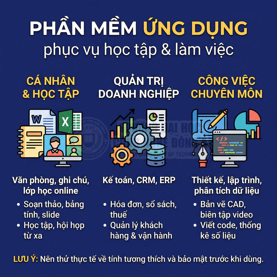 Các nhóm phần mềm ứng dụng cho học tập và làm việc cá nhân, quản trị doanh nghiệp, thiết kế, lập trình và phân tích dữ liệu