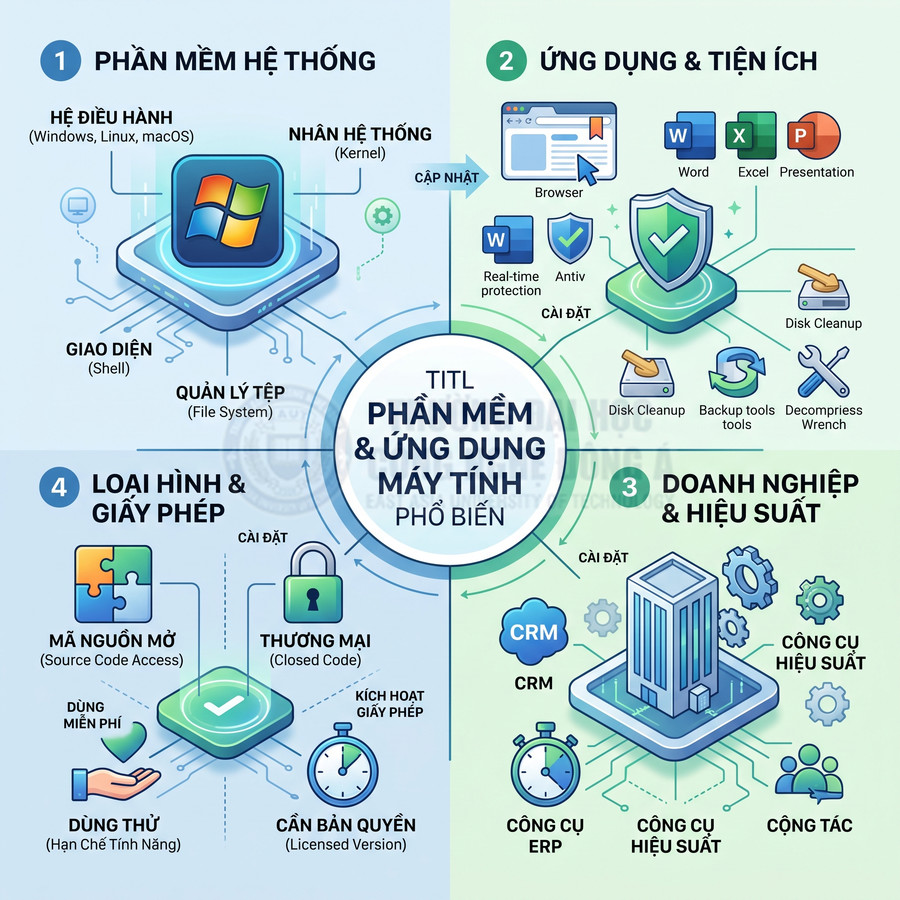 Minh họa các loại phần mềm máy tính phổ biến gồm hệ điều hành Windows, ứng dụng văn phòng, bảo mật và công cụ doanh nghiệp
