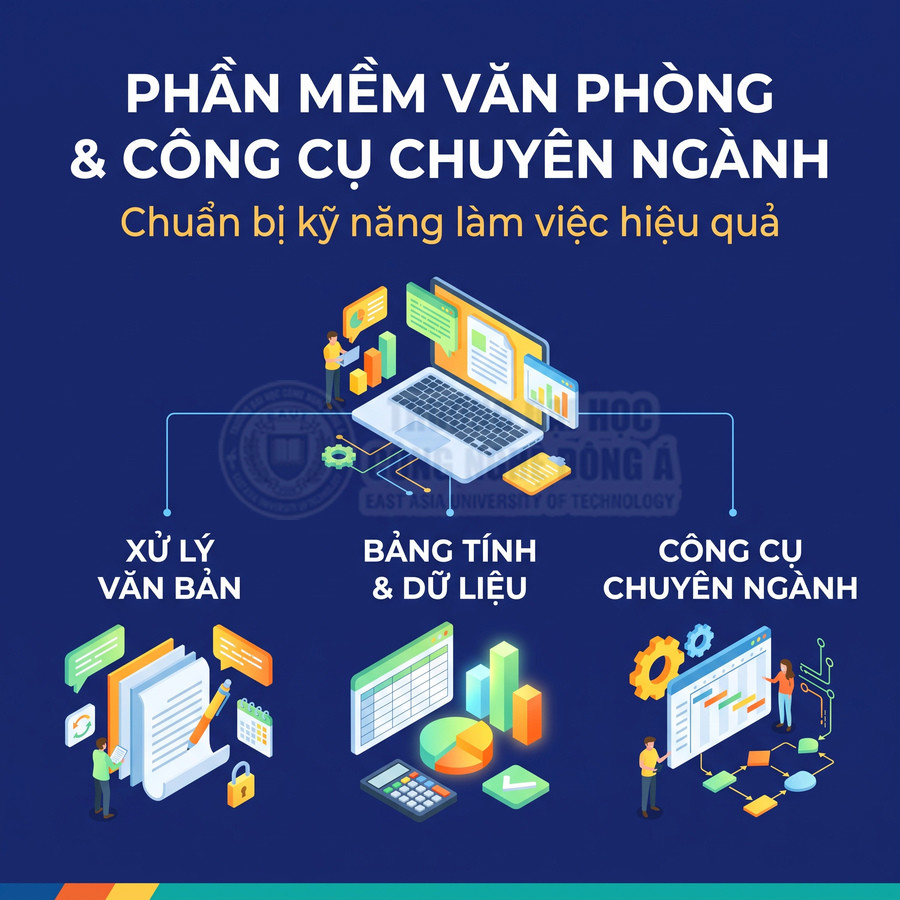 Phần mềm văn phòng và công cụ chuyên ngành với các biểu tượng xử lý văn bản, bảng tính và dữ liệu trên laptop