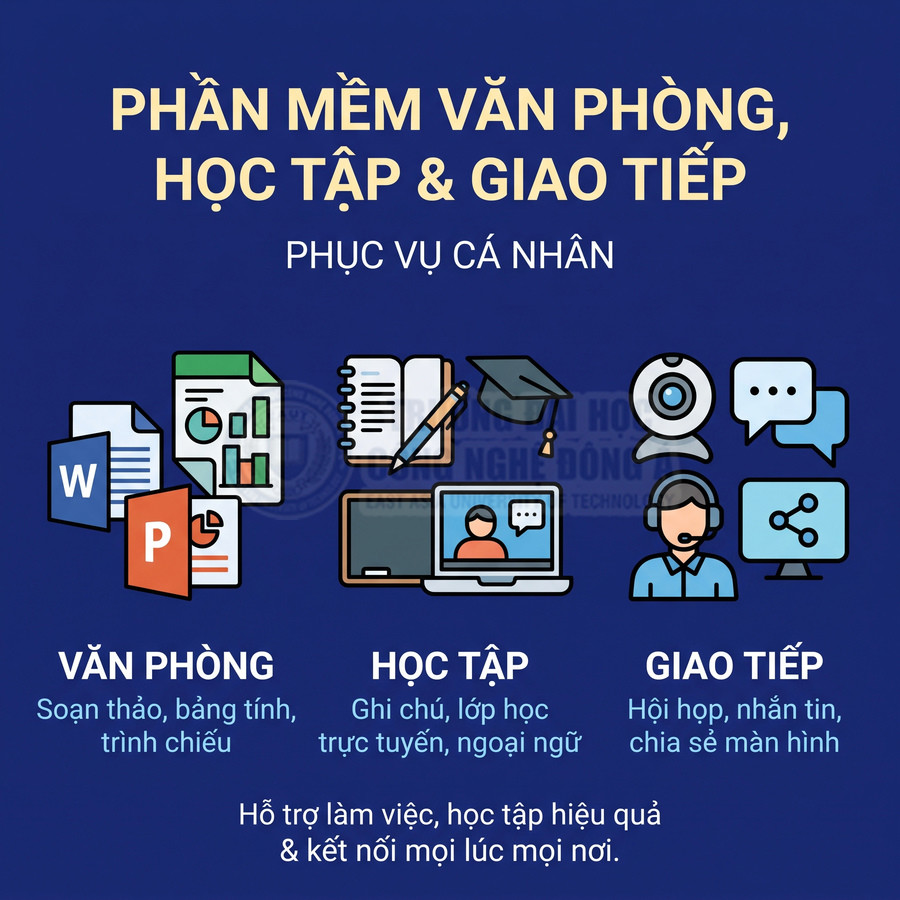 Phần mềm văn phòng, học tập và giao tiếp với biểu tượng Word, PowerPoint, lớp học trực tuyến và gọi video