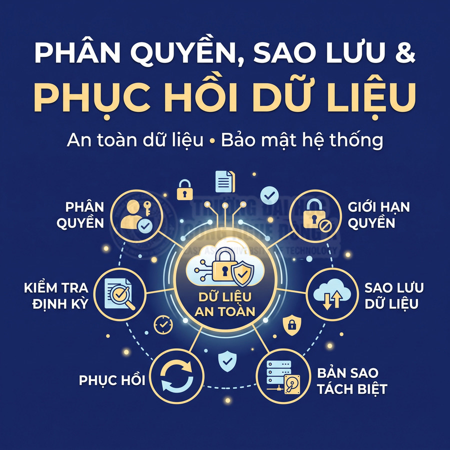 Bảo mật dữ liệu với phân quyền, sao lưu, phục hồi, kiểm tra định kỳ và lưu bản sao tách biệt.