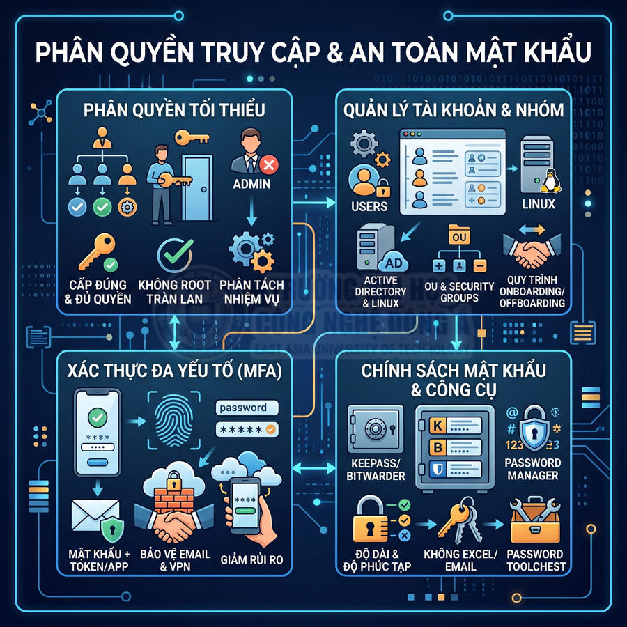 Infographic hướng dẫn phân quyền truy cập, xác thực đa yếu tố và quản lý mật khẩu an toàn trong hệ thống IT