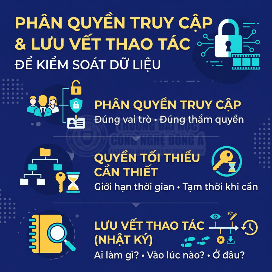 Hình minh họa phân quyền truy cập, quyền tối thiểu và nhật ký thao tác để kiểm soát dữ liệu doanh nghiệp