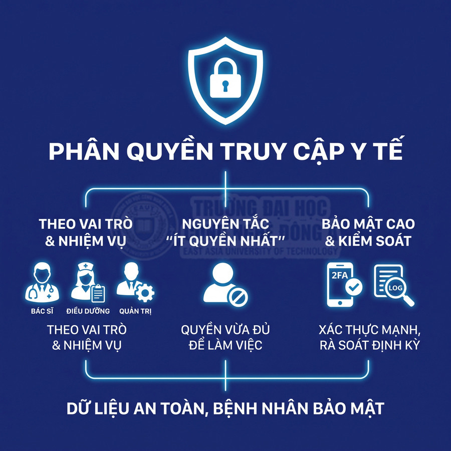Phân quyền truy cập y tế theo vai trò, nguyên tắc ít quyền nhất và xác thực bảo mật cao để bảo vệ dữ liệu bệnh nhân