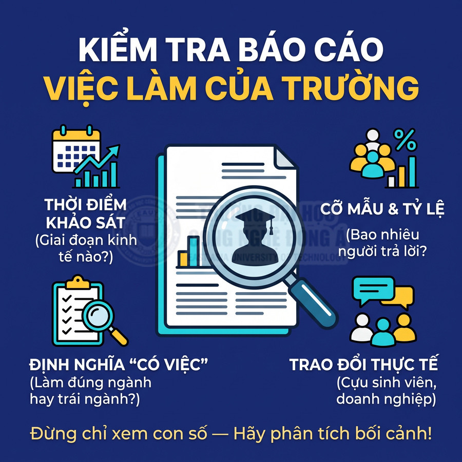 Các tiêu chí kiểm tra báo cáo việc làm của trường gồm thời điểm khảo sát, cỡ mẫu, định nghĩa có việc và trao đổi thực tế