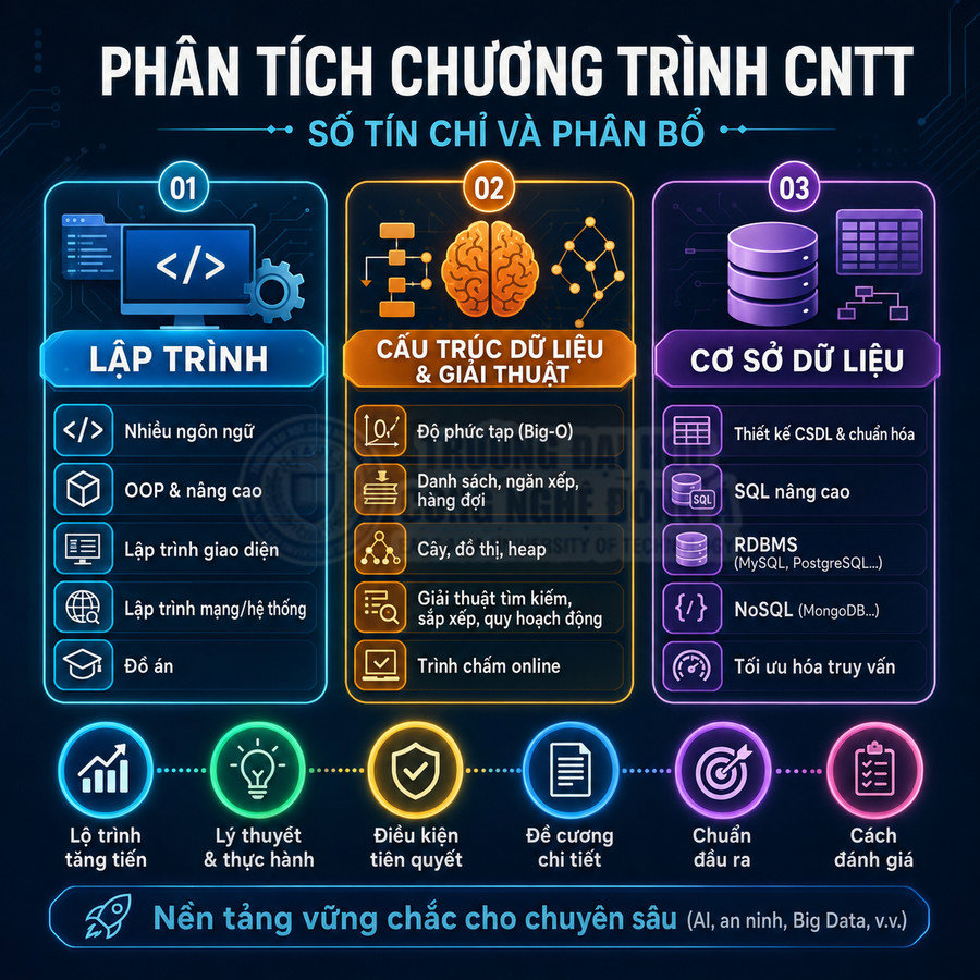 Phân tích chương trình học CNTT với các nhóm môn lập trình, cấu trúc dữ liệu giải thuật và cơ sở dữ liệu