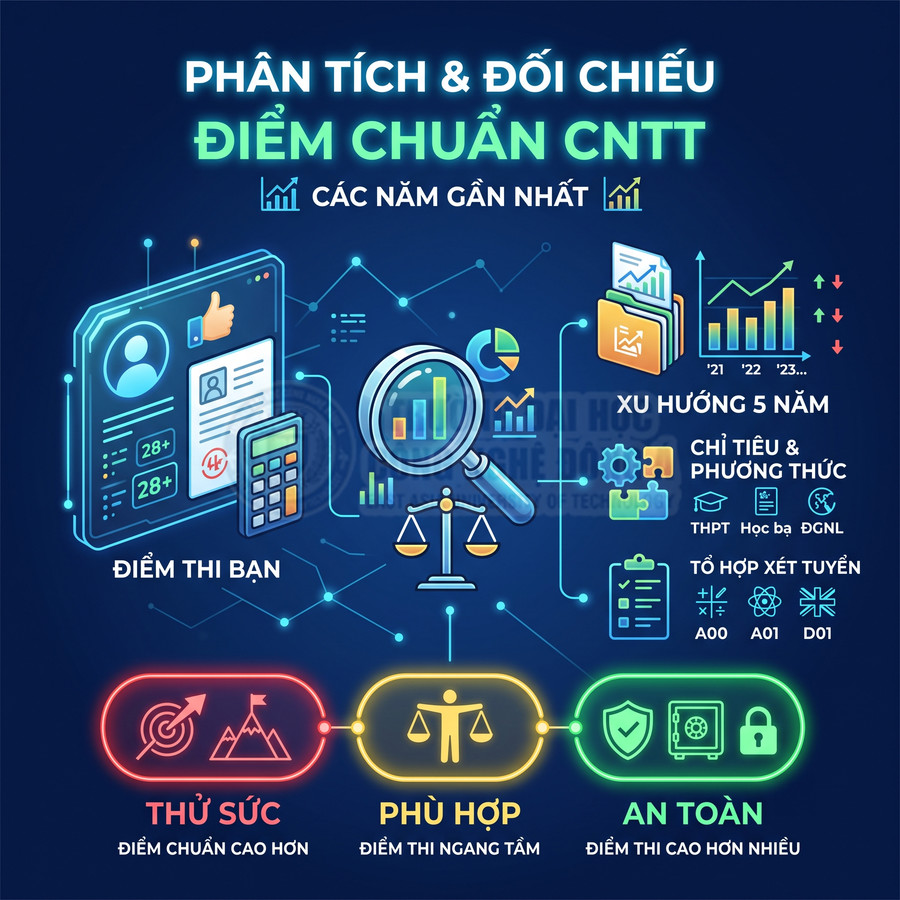 Infographic phân tích và đối chiếu điểm chuẩn ngành CNTT, xu hướng 5 năm và gợi ý mức điểm an toàn