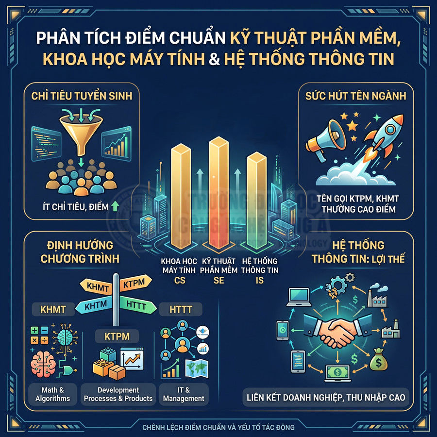 Infographic phân tích điểm chuẩn và định hướng ngành kỹ thuật phần mềm, khoa học máy tính, hệ thống thông tin