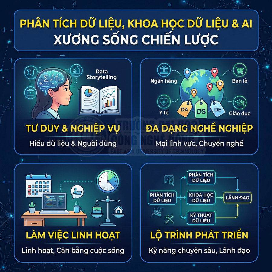 Poster giới thiệu ngành phân tích dữ liệu, khoa học dữ liệu và AI với lợi ích nghề nghiệp và lộ trình phát triển