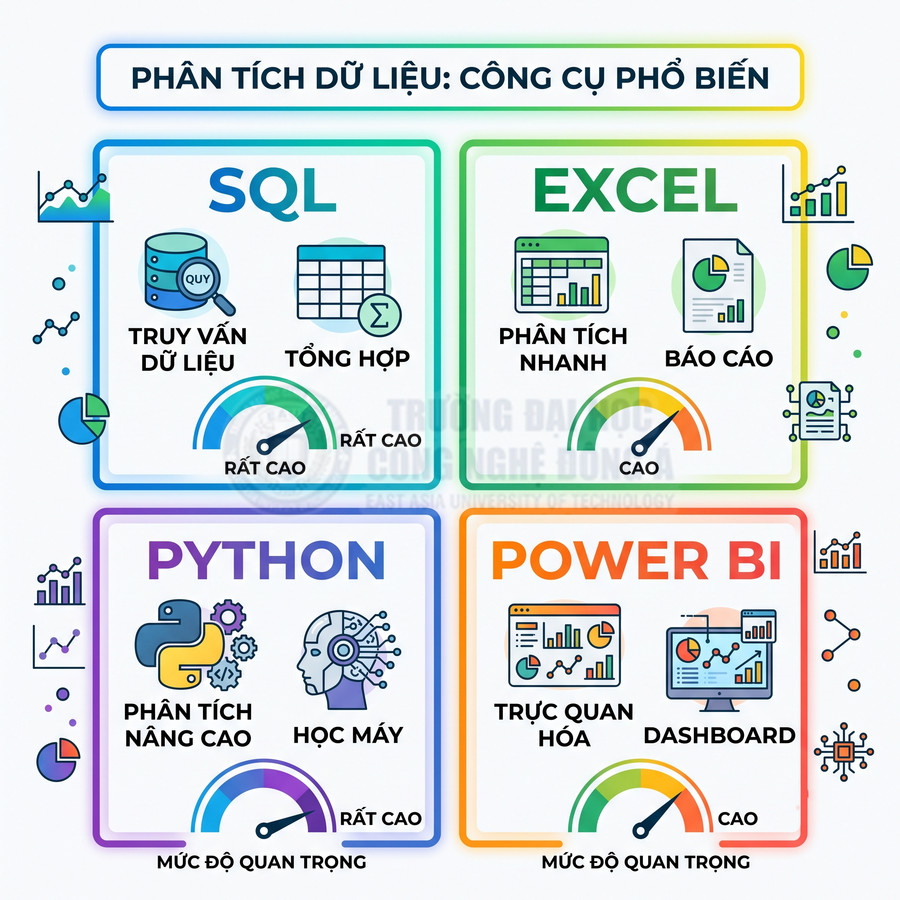 So sánh công cụ phân tích dữ liệu SQL, Excel, Python và Power BI với mức độ quan trọng và ứng dụng chính