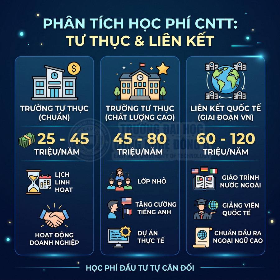 Phân tích học phí ngành CNTT trường tư thục và liên kết quốc tế, so sánh mức học phí và quyền lợi sinh viên